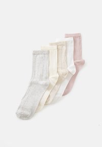 Five pairs of socks in varying colors: gray, beige, white, cream, and pink. Features ribbed texture and subtle pattern along the sides.