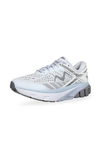 Scarpa da corsa in grigio chiaro e bianco in rete, con una tomaia texturizzata, suola imbottita e accenti grigi con un motivo a onda sui lati.