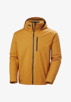 Chaqueta exterior con capucha de color amarillo mostaza, cremallera completa en el frente, bolsillo en el pecho con cierre vertical y correas ajustables en las muñecas.