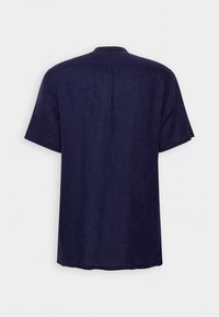 Navy blue short-sleeve shirt, made from textured linen, featuring a stand collar and a straight hem with a back yoke detail.