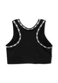 Zwarte sportieve crop top met brede banden, voorzien van een witte kettingpatroon rand langs de halslijn en armsgaten. Gladde stoffenafwerking.