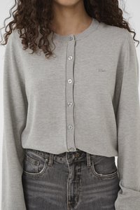 Light grey button-up cardigan made of soft knit fabric, featuring a crew neck, long sleeves, and six silver buttons along the front.