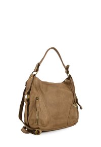 Brown leather handbag with a soft texture, featuring a single top handle, adjustable shoulder strap, and two zippered pockets on the sides.