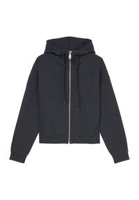 Sudadera con cremallera de color azul marino oscuro, hecha de tejido suave, que presenta una gran capucha, cierre frontal y dobladillos y puños acanalados. Ajuste clásico y relajado.