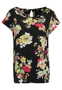 Blusa floral con fondo negro, que presenta flores brillantes en rosa, amarillo y blanco. Cuello redondo con un detalle de ojal en la parte trasera.