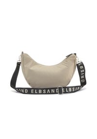 Beige Nylon Schultertasche mit einer geschwungenen Form, ausgestattet mit einem schwarzen Trageriemen mit weißer Schrift und silbernen Hardware-Akzenten.