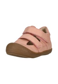 Rosa Lederschuh mit zwei verstellbaren Klettverschlüssen, runder Form und brauner Gummisohle mit strukturiertem Griffmuster.