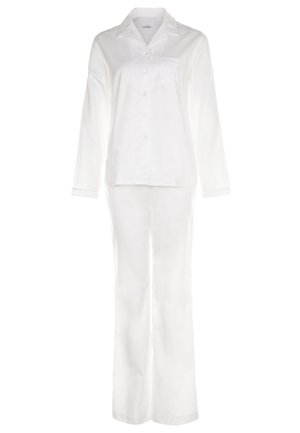 Weißes langärmeliges Pyjama-Oberteil mit Knopfleiste und Brusttasche sowie passender, locker sitzender Pyjamahose.