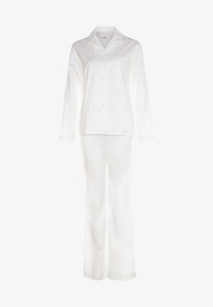 Weißes langärmeliges Pyjama-Oberteil mit Knopfleiste und Brusttasche sowie passender, locker sitzender Pyjamahose.