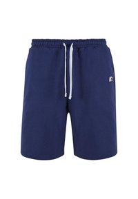 Navy blue cotton shorts with an elastic waistband, drawstring, and side logo. Smooth texture, knee-length cut, and no pockets visible.