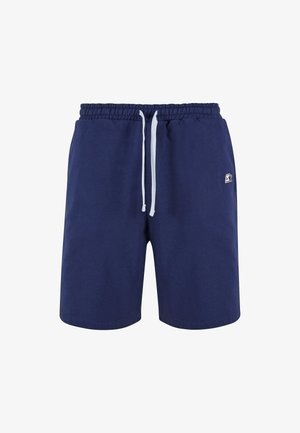 Navyblaue Baumwollshorts mit elastischem Bund, Kordelzug und seitlichem Logo. Glatte Textur, knielanger Schnitt und keine sichtbaren Taschen.