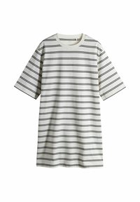 Witte korte mouw T-shirtjurk met zwarte horizontale strepen, ronde hals en losse pasvorm. Gemaakt van katoen met een gladde textuur.