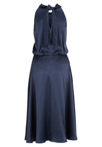 Robe en satin bleu marine sans manches avec lien noué au cou, taille cintrée et jupe midi fluide.