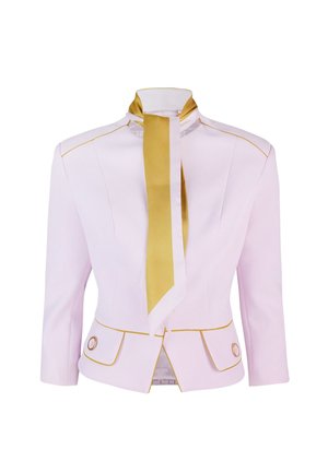 Blazer rosa claro con un diseño ajustado, acentos dorados, un detalle de cuello atado y un ribete en contraste. Presenta dos bolsillos frontales con botones.
