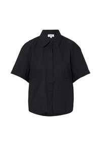 Chemise noire à manches courtes avec un col classique, dotée de deux poches sur le devant, d'une coupe droite et d'une texture de tissu lisse et léger.