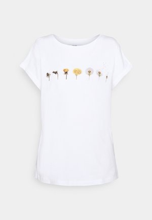 Bílé bavlněné tričko s horizontálním pruhem jemných tištěných ilustrací pampelišek v žluté a bílé barvě na přední straně. Krátké rukávy.