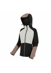 Veste d'extérieur noire, beige et gris clair avec une capuche, une fermeture éclair intégrale à l'avant et des poignets ajustables.