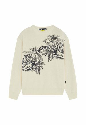 Maglione color crema con stampa nera dettagliata di cherubini, teschi e fiori sul petto, con la scritta "IUTER" su un banner.