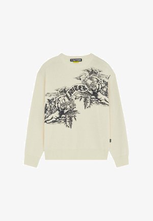 Maglione color crema con stampa nera dettagliata di cherubini, teschi e fiori sul petto, con la scritta "IUTER" su un banner.