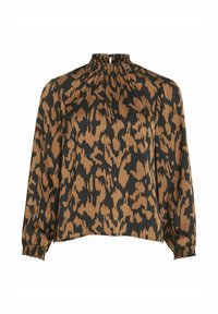 Blusa con stampa leopardata marrone e nera, con collo alto arricciato, maniche lunghe a palloncino e polsini elasticizzati. Tessuto morbido e leggero.