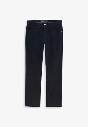 Tumesinised sametpüksid sirge säärega, viie taskuga stiilis ja metallist nööpkinnitusega vöökohal. Pehme tekstuur rihmikuga.