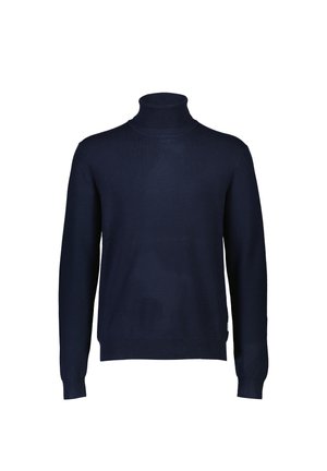 Navy blue turtleneck sweater made of a soft knit fabric. Features long sleeves and a ribbed collar and hem. No patterns or accents visible.