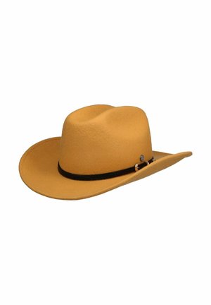 Brown felt cowboy hat with a wide brim and black band featuring a small silver buckle on a white background.