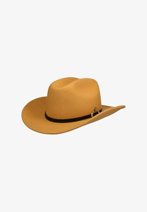 Brown felt cowboy hat with a wide brim and black band featuring a small silver buckle on a white background.