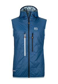 Blau gesteppte Weste mit Kapuze, ausgestattet mit einem zentralen Reißverschluss und zwei Reißverschluss-Taschen, aus einem glatten, leichten Material gefertigt.