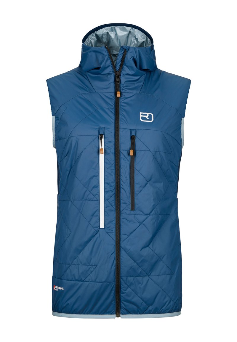 Blau gesteppte Weste mit Kapuze, ausgestattet mit einem zentralen Reißverschluss und zwei Reißverschluss-Taschen, aus einem glatten, leichten Material gefertigt.