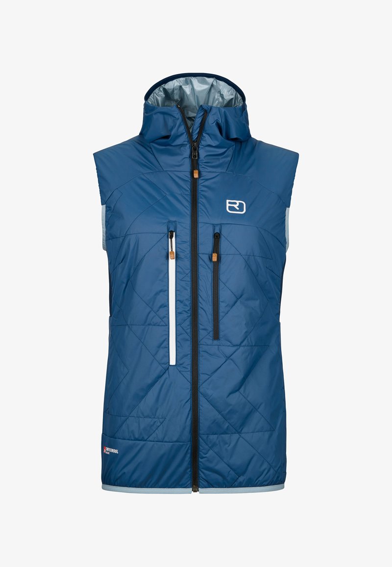 Blau gesteppte Weste mit Kapuze, ausgestattet mit einem zentralen Reißverschluss und zwei Reißverschluss-Taschen, aus einem glatten, leichten Material gefertigt.