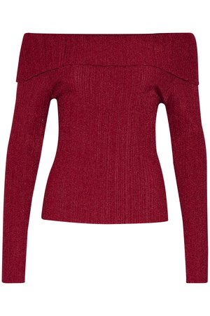 Off-the-shoulder ribbed top in deep red, featuring long sleeves and a textured metallic finish, creating a fitted silhouette.