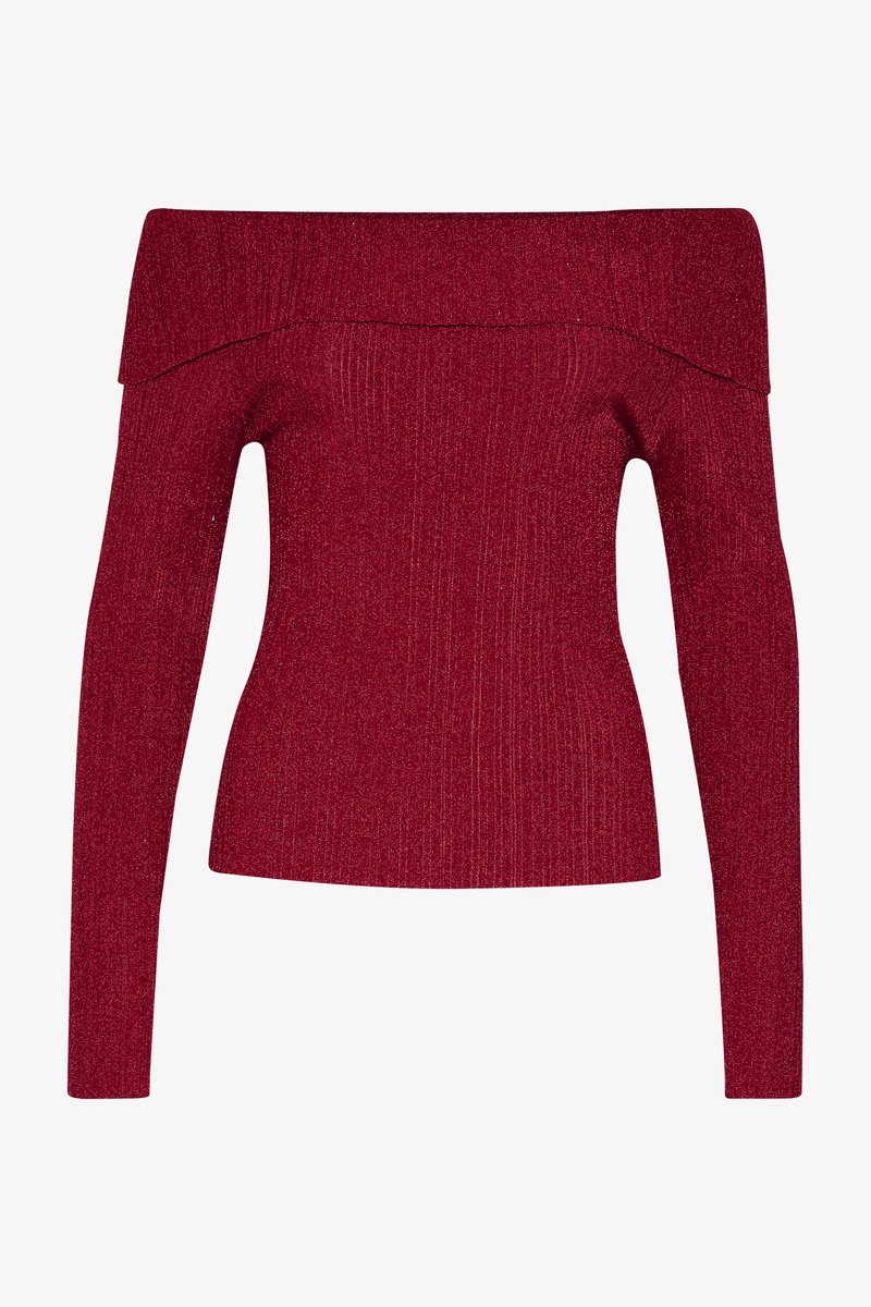 Top bez naramenica od rebrastog materijala u tamnocrvenoj boji, s dugim rukavima i teksturiranim metalnim završetkom, koji stvara prilagođeni siluetu.