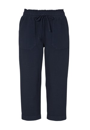 Marineblaue, cropped Pants mit elastischem Bund und Kordelzug, ausgestattet mit zwei Fronttaschen und einem glatten, leichten Stoff.