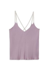 Levandulová tílko s překříženými tenkými ramínky a výstřihem do V. Vyrobeno z hladké tkaniny, s volným střihem a bez dalších vzorů.