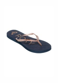 Marineblauwe flip-flops met glinsterende rosegouden bandjes, voorzien van een gemetste voetbed met een hartpatroon, met de merknaam "Roxy".