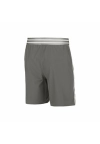 Grijze zwemshorts met een elastische tailleband, voorzien van twee witte strepen aan de bovenkant en langs de zijkanten. Gemaakt van lichte, gladde stof.