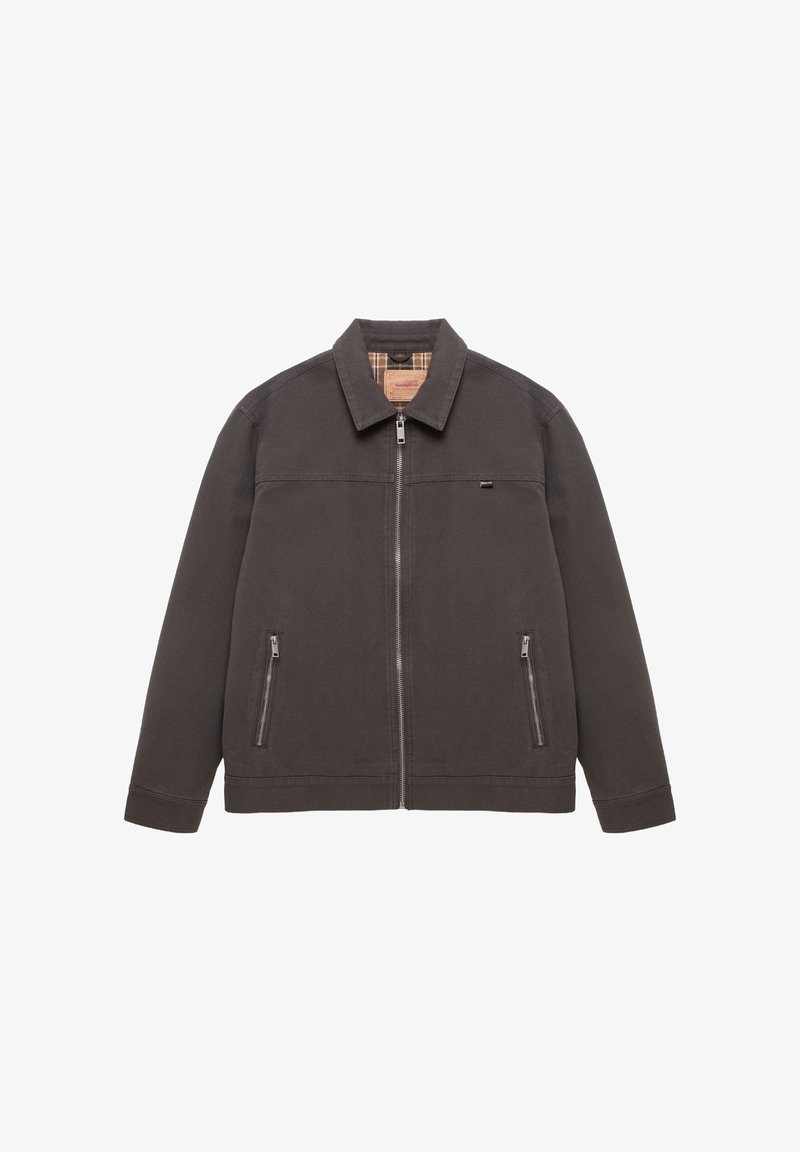 Gray zip-up jacket with a collar, featuring two front zip pockets and a plaid lining. Made of a durable fabric with a smooth texture.