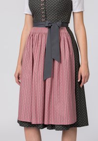 Traditionelles Kleid mit einem enganliegenden, dunkelblumigen Oberteil, einem rosafarbenen Rock mit vertikalen Streifen und einer grauen Schleife am Taillenbund.