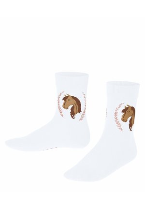 Białe skarpetki za kostkę z brązowym motywem głowy konia oraz różowymi wieńcami kwiatowymi po bokach.