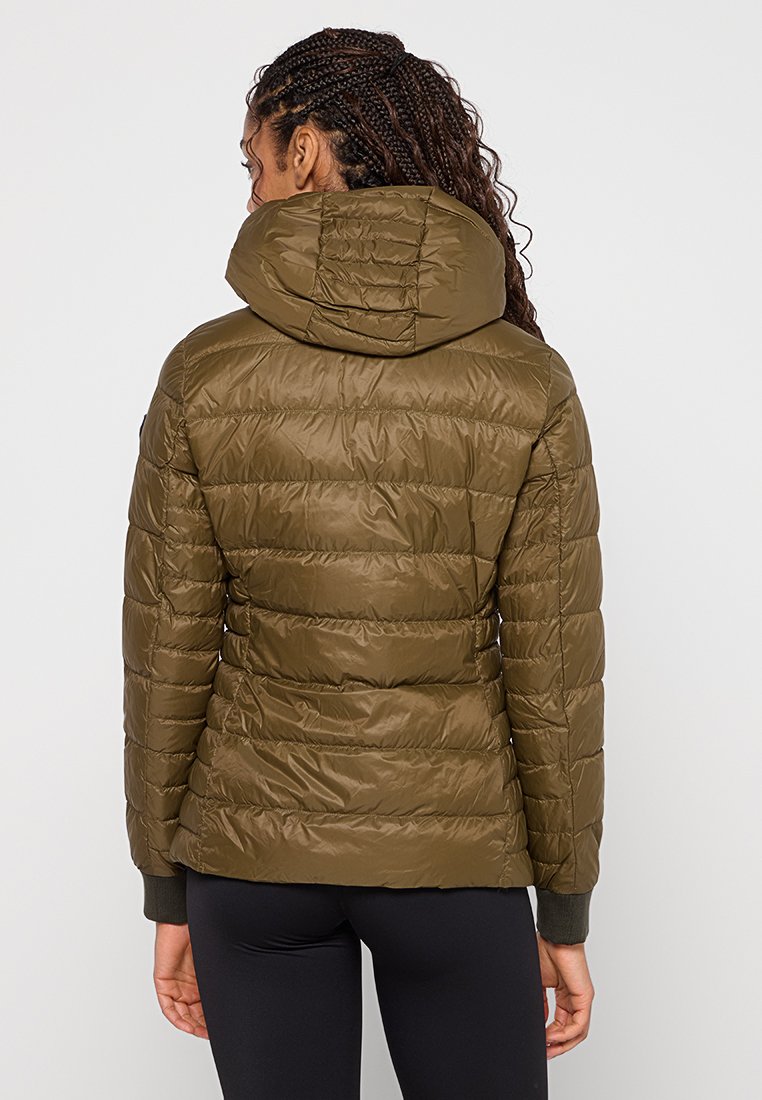 Olivgrüne Daunenjacke mit Kapuze, ausgestattet mit einem gesteppten Design, elastischen Bündchen und einer glänzenden, glatten Textur. Rückansicht dargestellt.