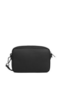 Borsa a tracolla in pelle nera, forma rettangolare, superficie liscia, accessori in argento, chiusura a zip, tracolla regolabile. Design semplice e moderno.