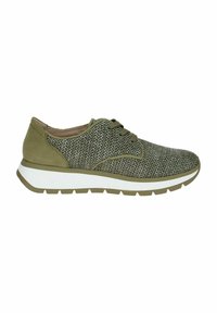 Chaussures de sport à motifs verts avec une tige en tissu texturé, des accents en suede et une semelle intermédiaire blanche. Elles possèdent des lacets ronds et une semelle extérieure en caoutchouc.