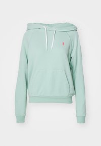 Light green hooded sweatshirt made of cotton blend, featuring a front pocket, white drawstrings, and a small logo on the chest.