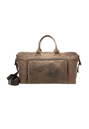 Braune Leder-Duffel-Tasche mit doppelten oberen Griffen, einer vorderen Reißverschlusstasche und abnehmbarem Schulterriemen.
