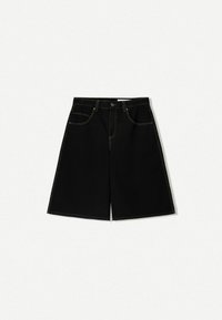 Black denim shorts with a loose fit, featuring five pockets, yellow stitching accents, and a mid-rise waist design.
