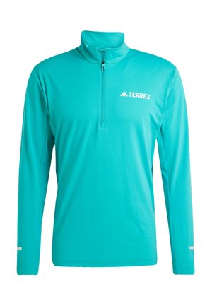 Turquoise long-sleeve pullover with a zippered collar, made of smooth fabric; features a white "TERREX" logo on the left chest and white accents.