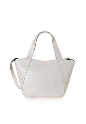 Borsa tote in pelle grigia chiara con una forma unica, doppi manici e una tracolla regolabile. Texture liscia con design minimalista.