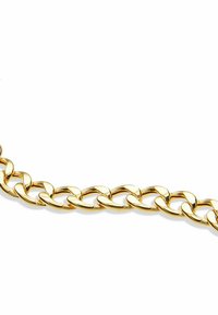 Guldkedja med sammanlänkade led, med en glänsande, jämn yta. Ledarna är rundade och enhetliga i storlek, vilket ger ett enhetligt utseende.