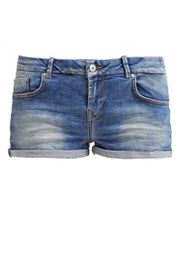 Džínové šortky, světlý modrý gradient, ohrnuté lemy, pět kapes, knoflík a zip na zapínání, vybledlé oblasti pro efekt opotřebovaného vzhledu.